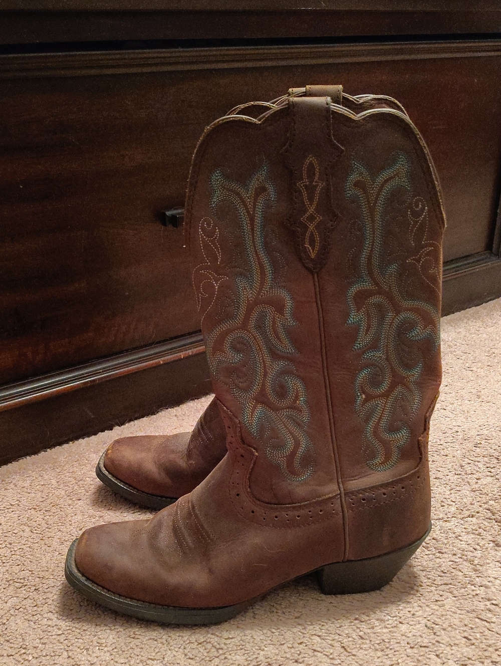 Justin Boots Brown Leather Western Boots with Teal Stitching